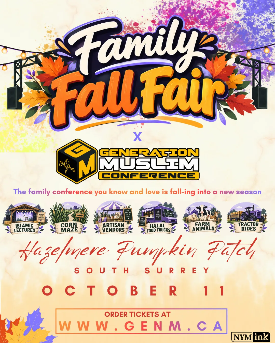Family Fall Fair poster — Sunday, October 11 at Hazelmere, Surrey, BC. Faith, fun and community for the whole family: corn maze, tractor rides, farm animals, halal food trucks, artisan vendors, pumpkin patch, heart-lifting talks and family activities. 10 AM to 8 PM.